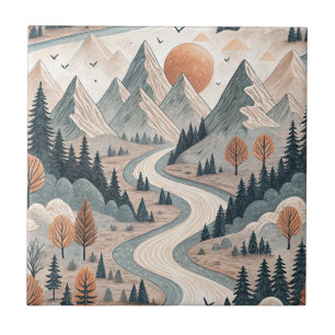Azulejo Paisaje de montaña y río patrón abstracto boho art