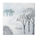 Azulejo Paisaje de nieve de invierno personalizado<br><div class="desc">Escena de invierno nevada con árboles y una pared de piedra seca. Arte original de Nic Squirrell. Cambie el nombre a personalizar.</div>