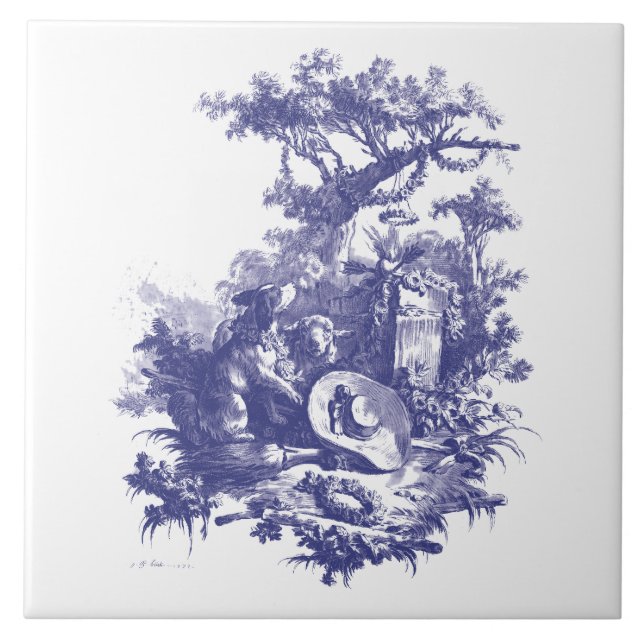 Azulejo Paisaje de perros y ovejas rococó azul y blanco (Frente)