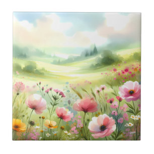 Azulejo Paisaje de pradera de flores silvestres pastel