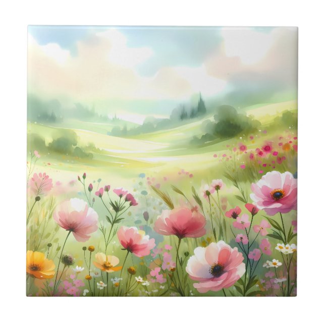 Azulejo Paisaje de pradera de flores silvestres pastel (Frente)