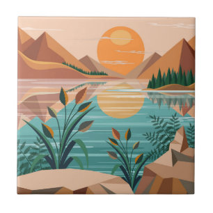 Azulejo Paisaje de puesta de sol en lago de montaña pacífi