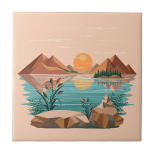 Azulejo Paisaje de puesta de sol en lago de montaña pacífi