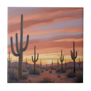 Azulejo Paisaje del cactus saguaro en la puesta del sol de