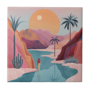 Azulejo Paisaje del oasis celestial de terracota turquesa