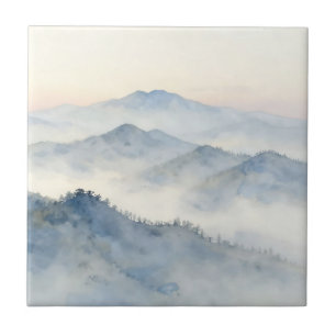 Azulejo Paisaje en acuarela de montaña brumosa