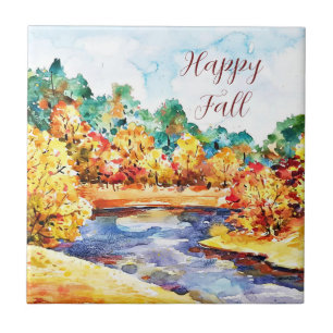 Azulejo paisaje en acuarela de otoño con texto personaliza
