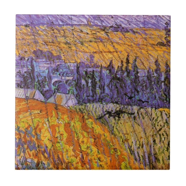 Azulejo Paisaje en Auvers en Lluvia, por Vincent van Gogh (Frente)
