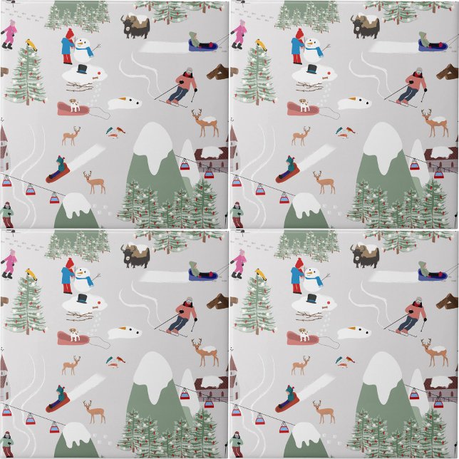 Azulejo Paisaje en las pistas de esquí de montaña de invie (Winter Snow Skiing Mountain Ski Slopes Landscape Ceramic Tile)