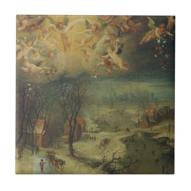 Azulejo Paisaje invernal con aldeanos reuniendo madera (Frente)