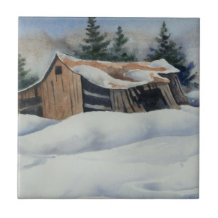Azulejo Paisaje invernal nevado granero abandonado Tile