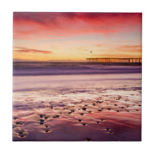 Azulejo Paisaje marino y muelle al atardecer, CA