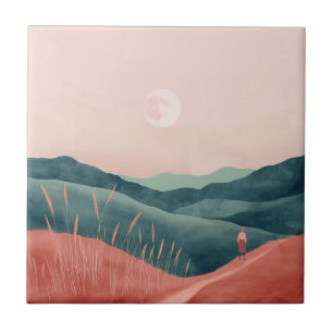 Azulejo Paisaje montañoso boho de luna rosa teal