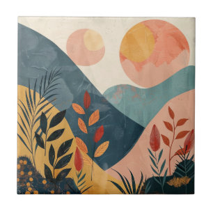 Azulejo Paisaje montañoso boho de soles gemelos en azul tu