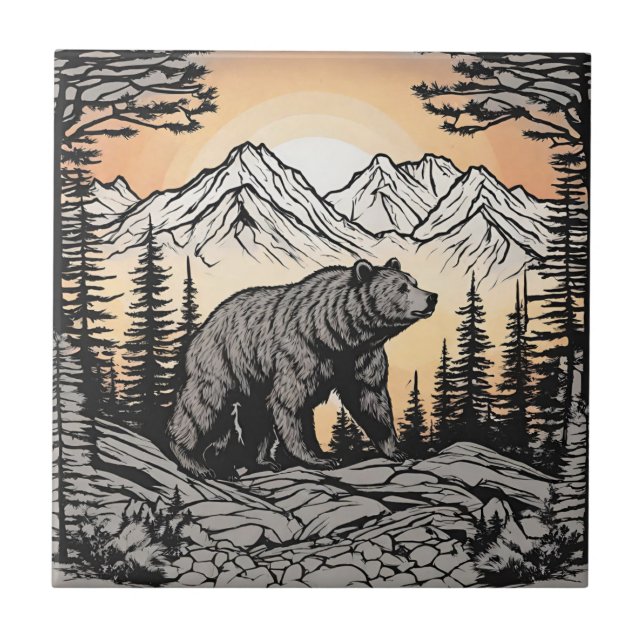 Azulejo Paisaje montañoso de oso y naturaleza (Frente)