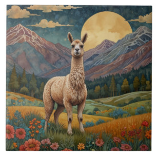 Azulejo Paisaje montañoso de Retro Boho llama alpaca