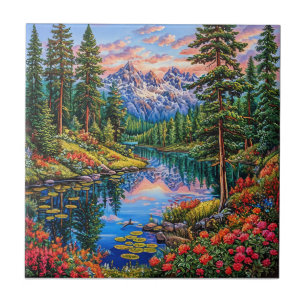 Azulejo Paisaje montañoso vibrante con reflejo