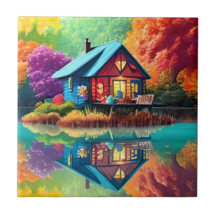 Azulejo Paisaje natural con cabaña y lago-38566