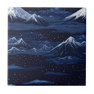 Azulejo Paisaje Nocturno de Montaña Nevada con Estrellas d