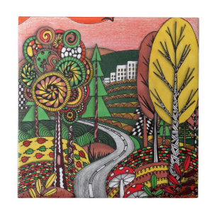 Azulejo Paisaje Otoñal Caprichoso Arte Popular Doodle Cerá