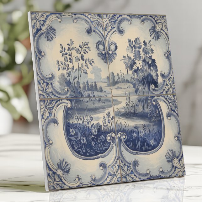 Azulejo Paisaje pastoral azul y blanco (Subido por el creador)