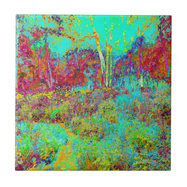 Azulejo Paisaje psicodélico de Oro Otoño y Jardín de Aqua (Frente)