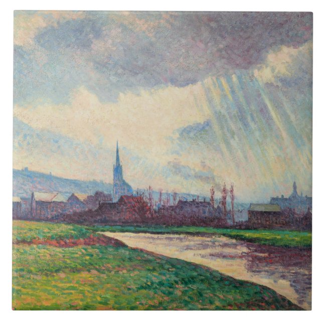 Azulejo Paisaje rural con río (por Maximilien Luce) (Frente)