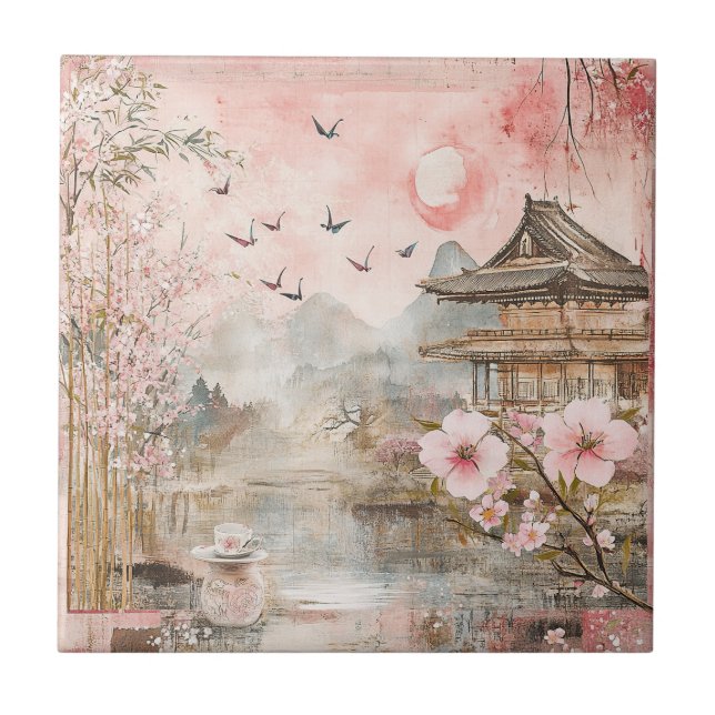 Azulejo Paisaje Sereno de Flor de Cerezo Rosa (4) (Frente)