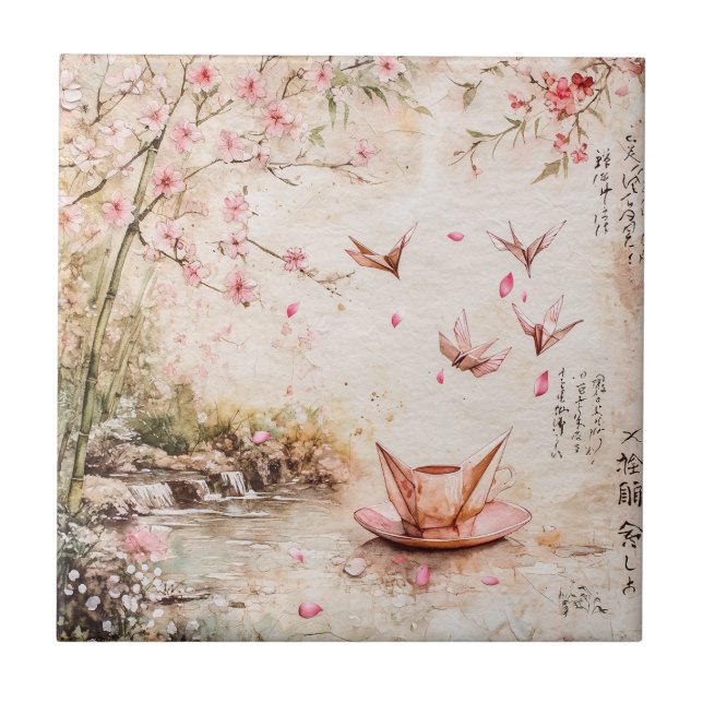 Azulejo Paisaje Sereno de Flor de Cerezo Rosa (5) (Frente)