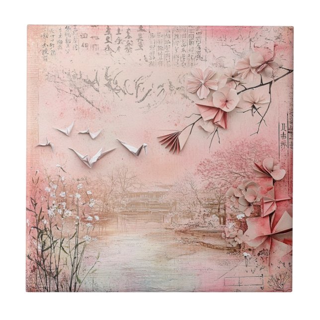 Azulejo Paisaje Sereno de Flor de Cerezo Rosa (9) (Frente)