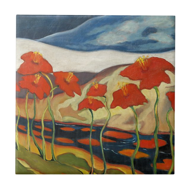 Azulejo Paisaje Surrealista Modernista con Amapolas Rojas  (Frente)