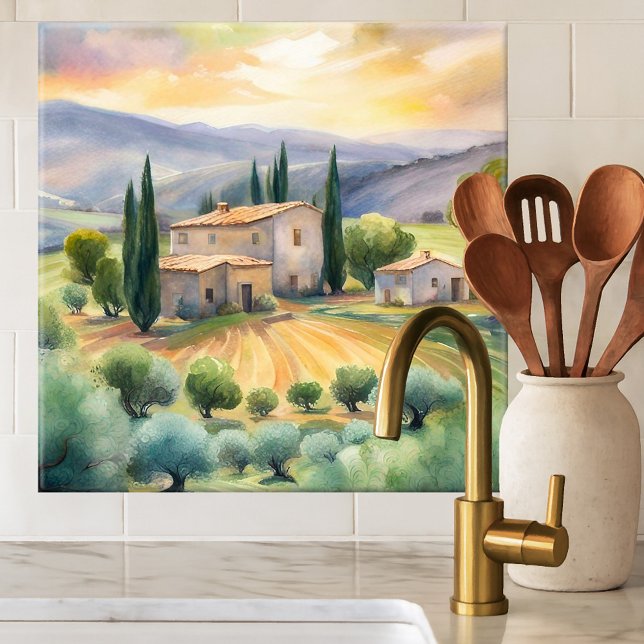 Azulejo Paisaje toscano acuarela de mosaico pintado (Tile featuring a watercolor painting of a Tuscan landscape scene)