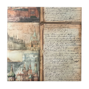 Azulejo Paisaje urbano europeo vintage con arte de escritu