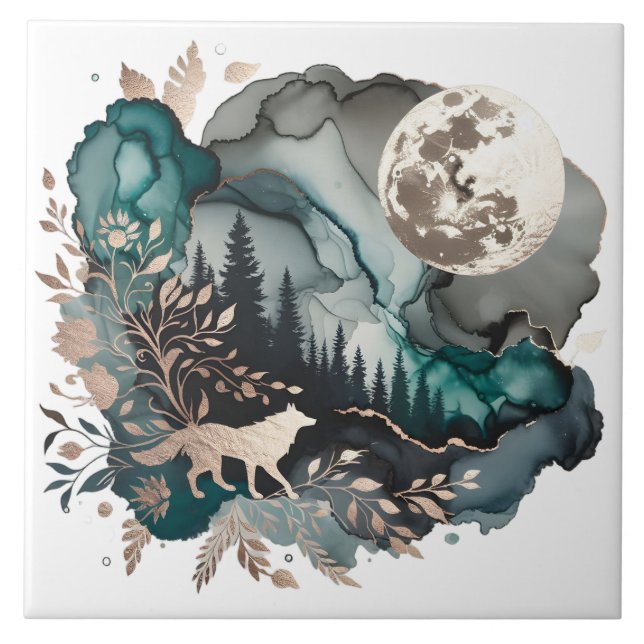 Azulejo Paisaje Wolf y oro Verde azulado Moon (Frente)