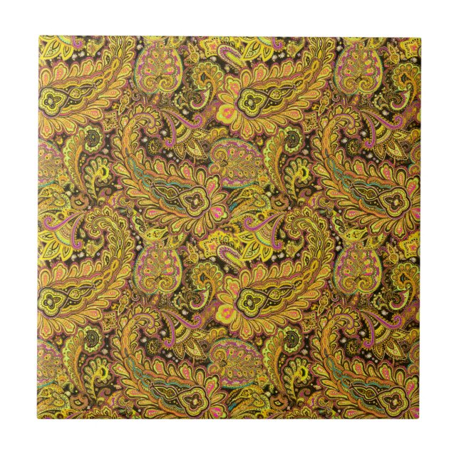 Azulejo Paisley Motif in Yellow, Brown on Black Background (Frente)
