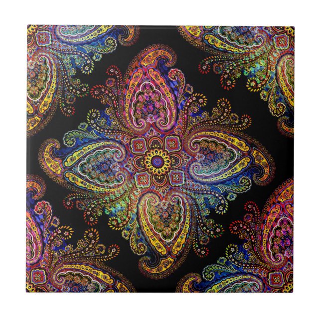 Azulejo Paisley Multicolor de Molinete sobre Negro (Frente)