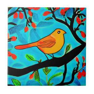 Azulejo Pajarito Naranja en una Rama en Flor