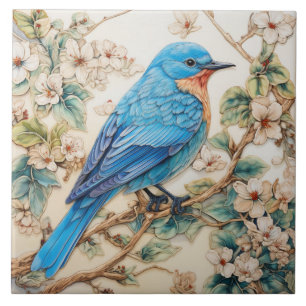 Azulejo Pájaro Azul con Flores de Crema