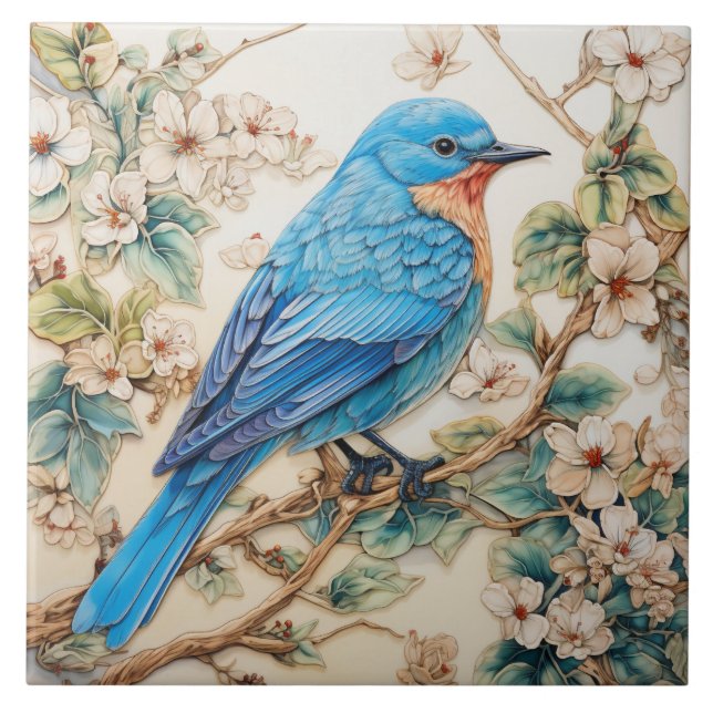 Azulejo Pájaro Azul con Flores de Crema (Frente)