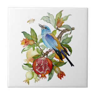Azulejo Pájaro Azul Entre Granadas Botánico Acuarela