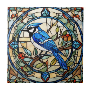 Azulejo Pájaro azul Jay Faux StainGlass Bluejay