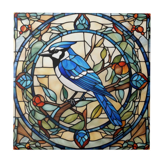 Azulejo Pájaro azul Jay Faux StainGlass Bluejay (Frente)