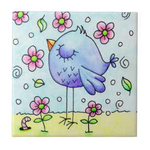 Azulejo Pájaro Azul y Flores Caprichosas