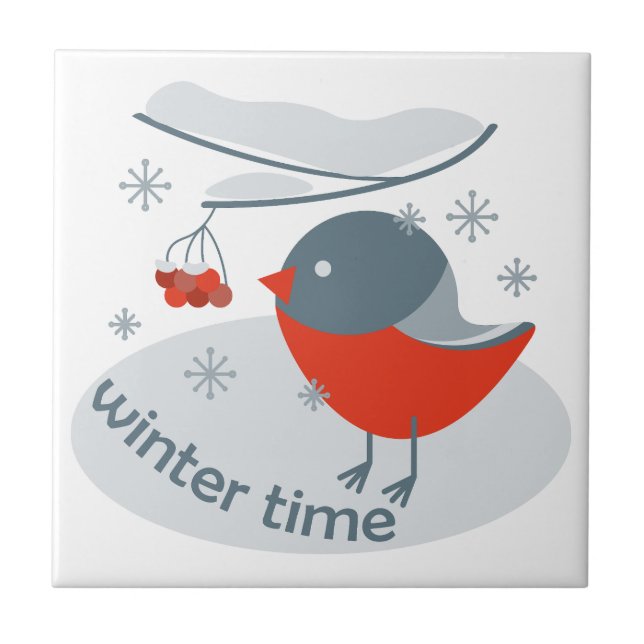 Azulejo Pájaro bullfinch de invierno y bayas rojas (Frente)