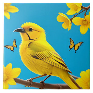 Azulejo Pájaro Cantador Amarillo Brillante Posado en una R