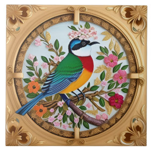 Azulejo Pájaro Cantador Elegante Posado en Rama Floral