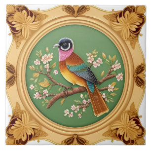 Azulejo Pájaro Cantador Elegante Posado en Rama Floral