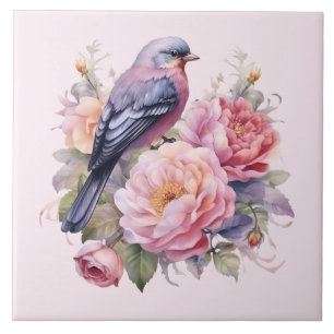 Azulejo Pájaro Cantando sobre Peonías Rosadas