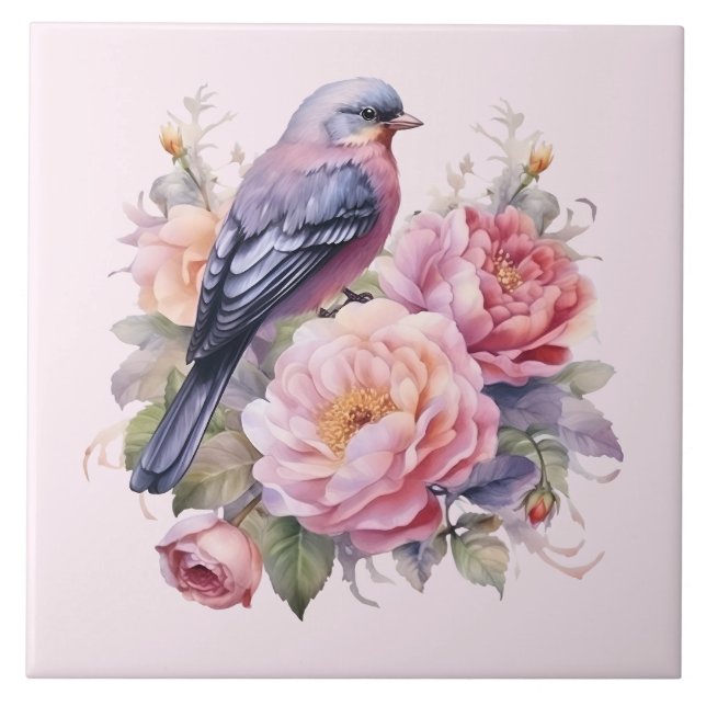 Azulejo Pájaro Cantando sobre Peonías Rosadas (Frente)