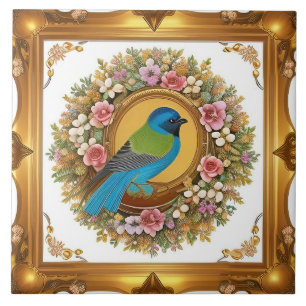 Azulejo Pájaro Cantante Elegante Posado en Rama Floral